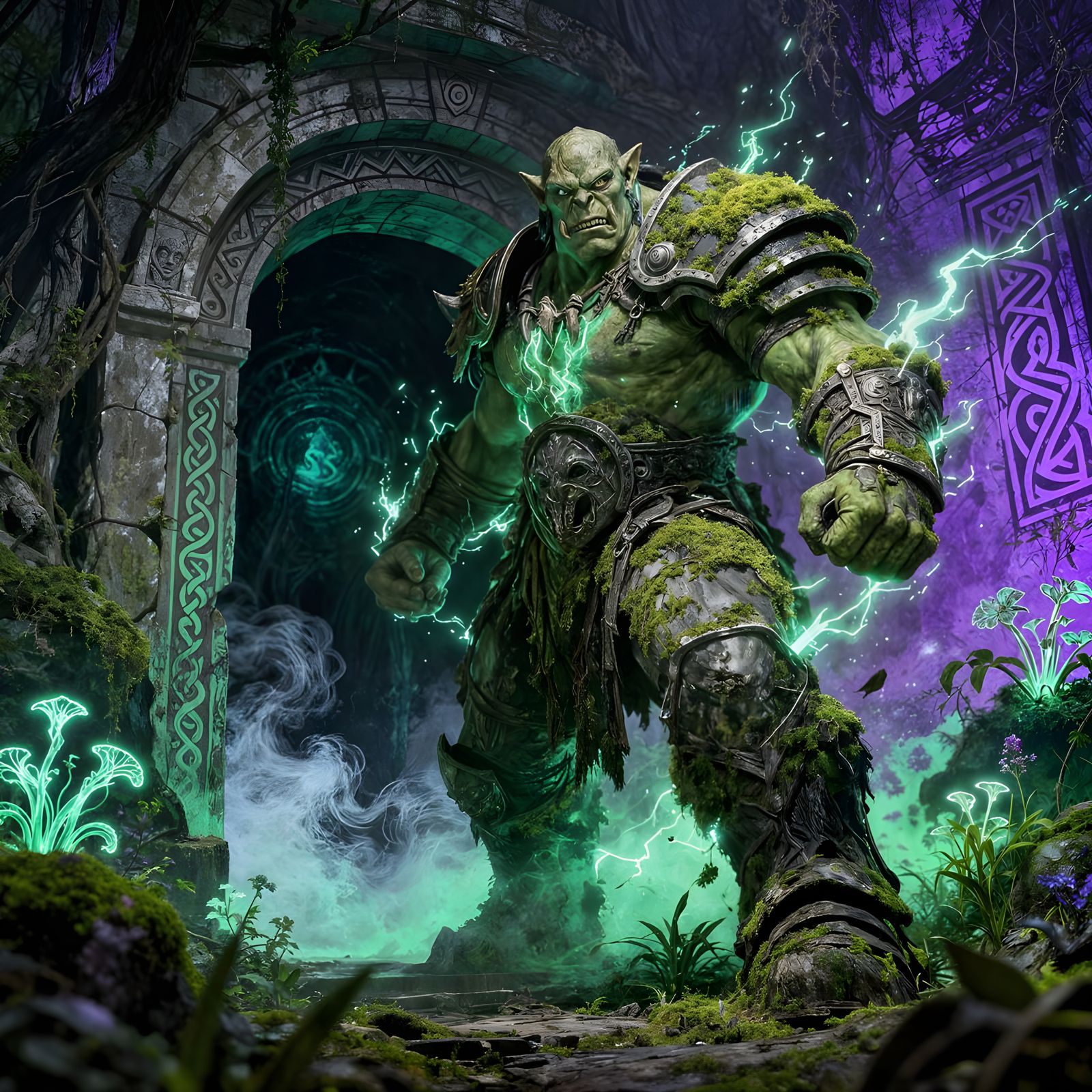 Moss-Covered Orc Warrior Guarding Mystical Realm Entrance