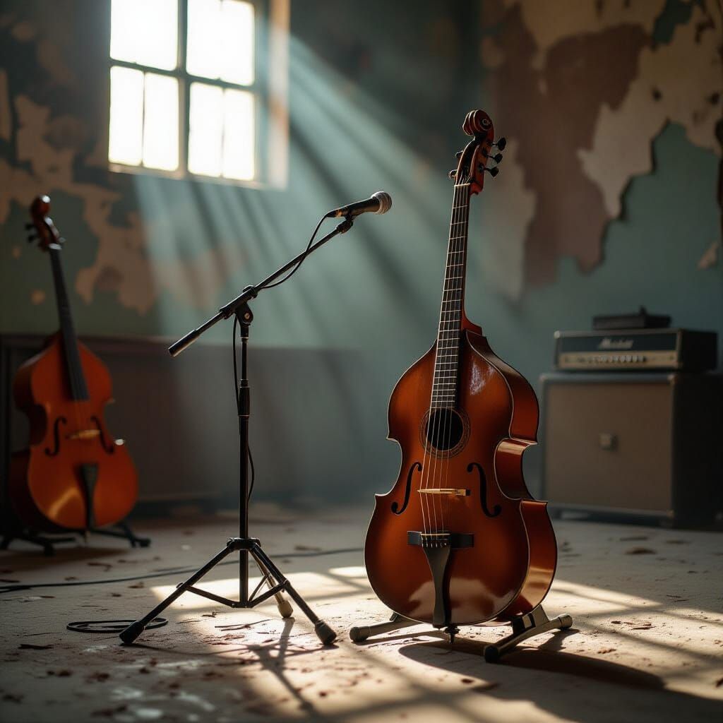 Abandoned Sun-Drenched Studio with Carved Bass Guitar