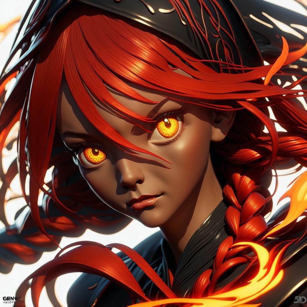 Anime-Inspired High School Girl with Fiery Red Hair and Vibr...