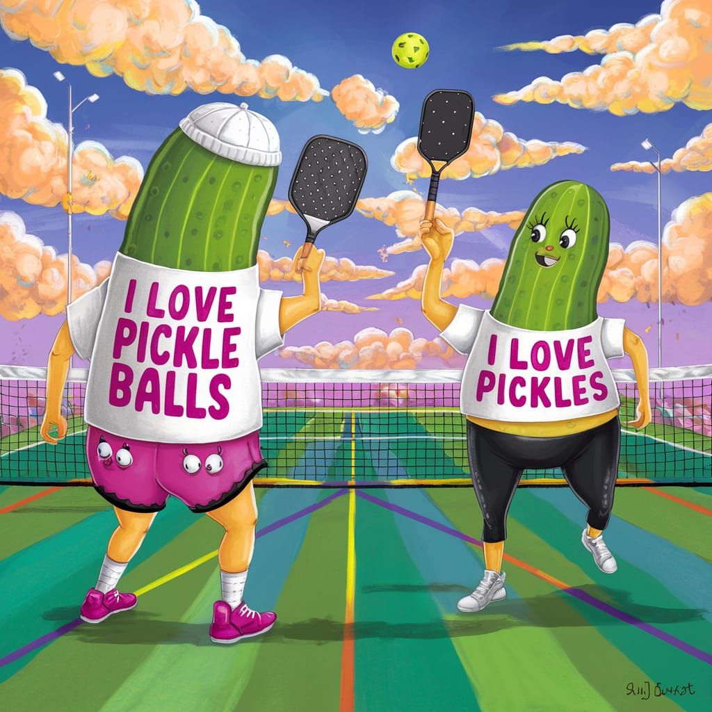 Playful Pickles Playing Pickleball: A Whimsical Illustration