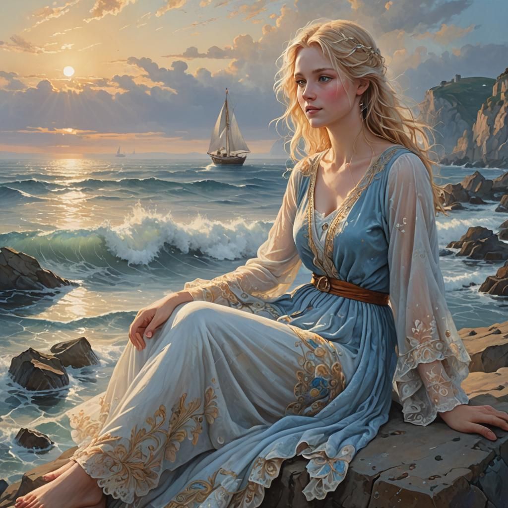 Woman by the Sea at Sunset in Kinkade Style