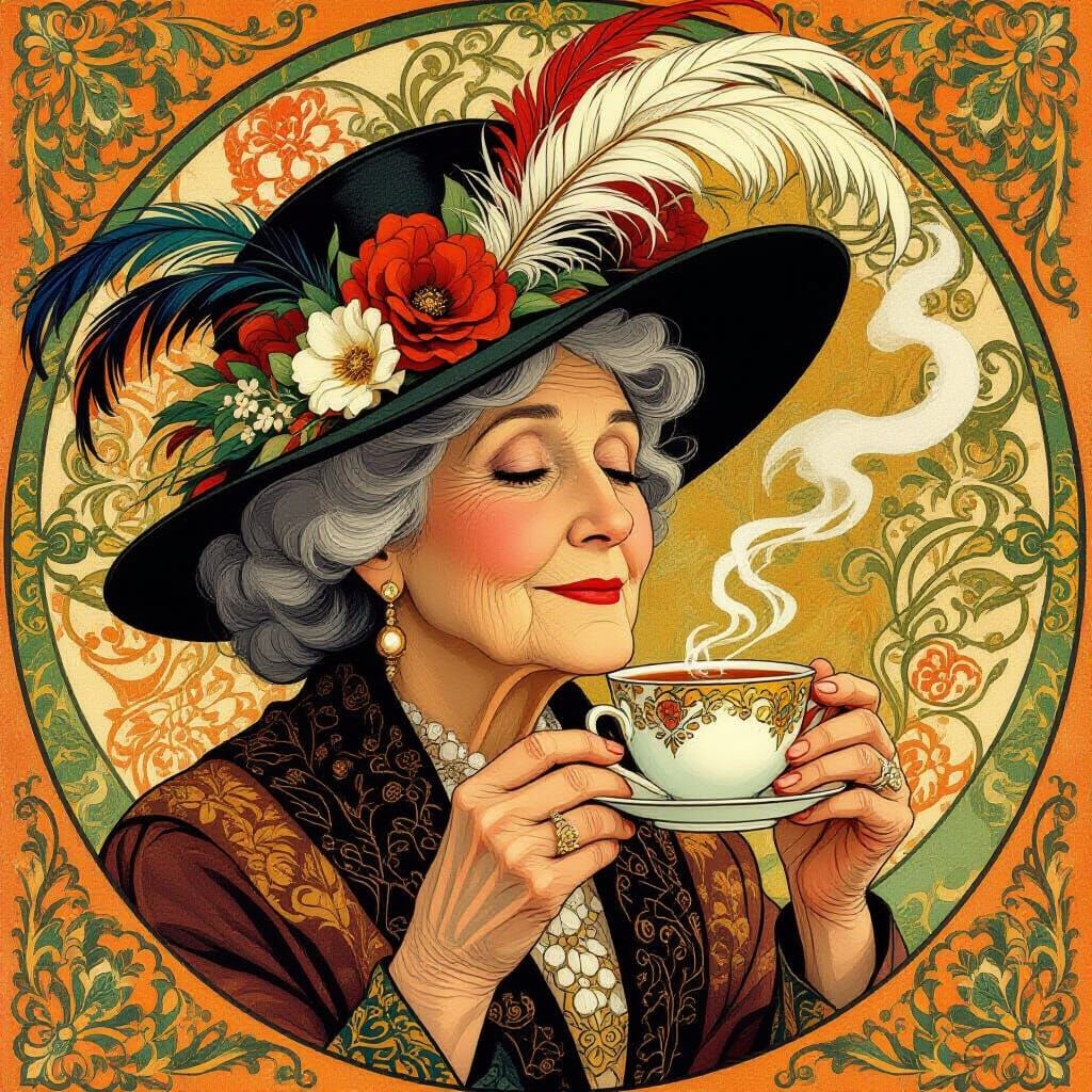 Art Nouveau Portrait of Woman with Ornate Hat Sipping Tea