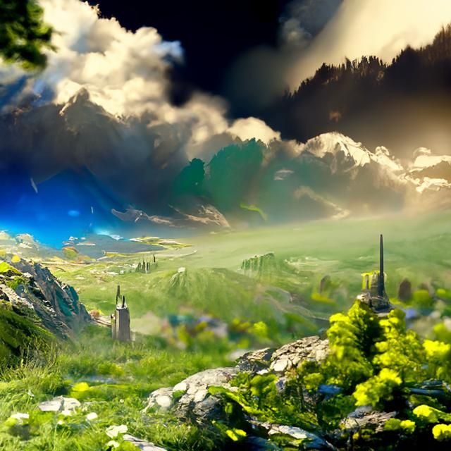 medieval fantasy city street with tall buildings, bridges, environment design, green vegetation, beautiful, mysterious, ...