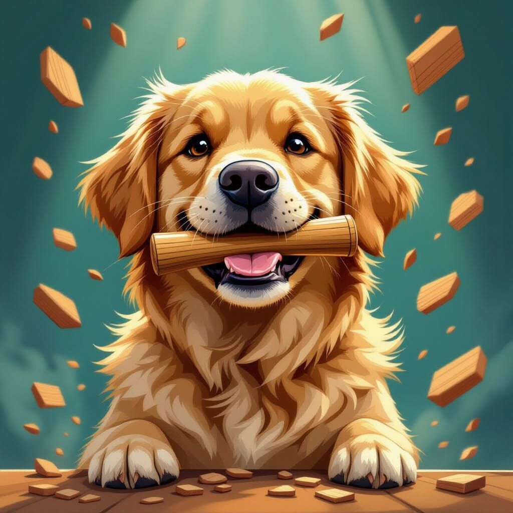 Golden Retriever with Stool Leg, Cartoon Style