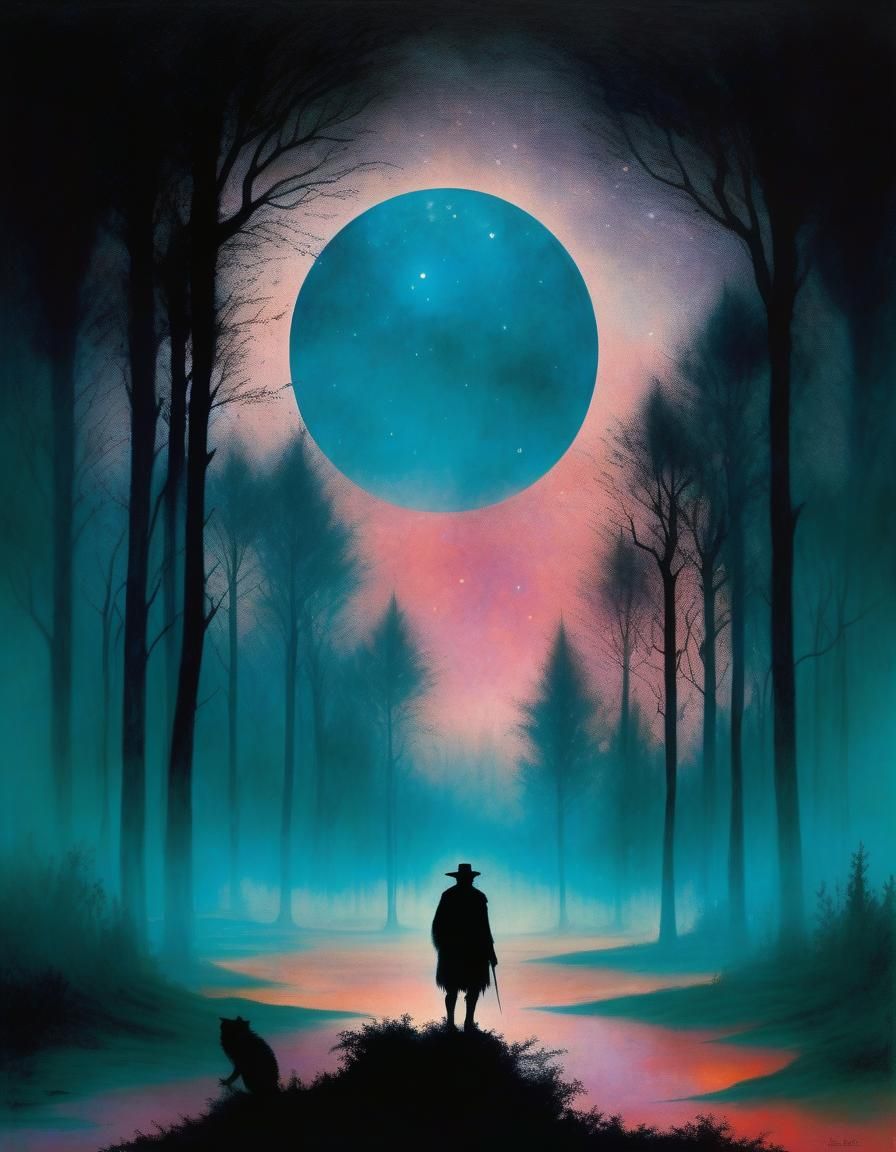 Eerie Mystical Forest at Night: Symbolist Painting