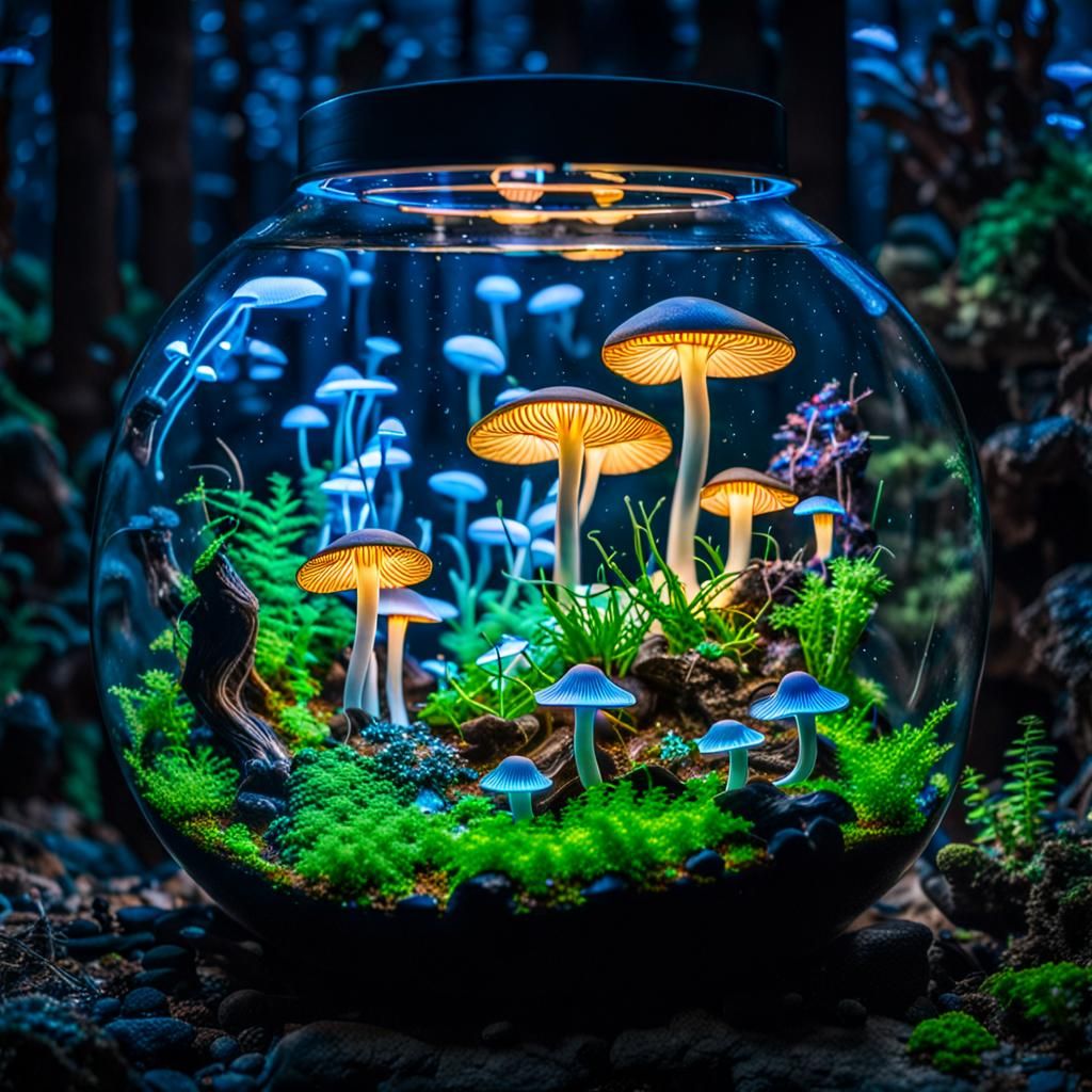 Bioluminescent Mushroom Ecosystem in a Terrarium