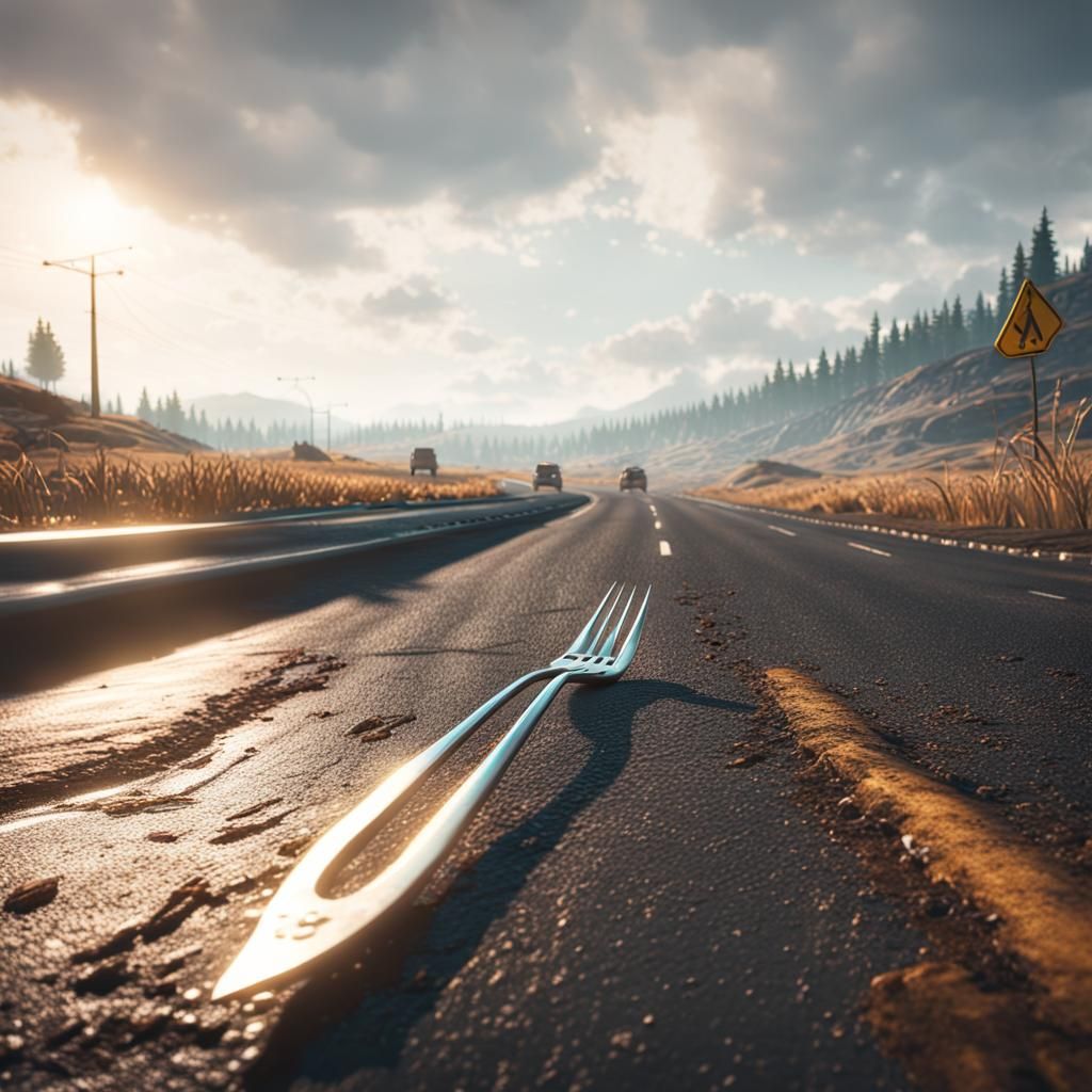 Meat Fork on Highway: 3D Cinematic Render
