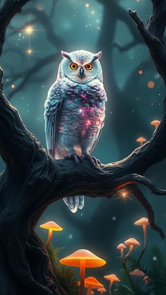 Crystal Owl in Enchanted Forest: Cinematic Photography