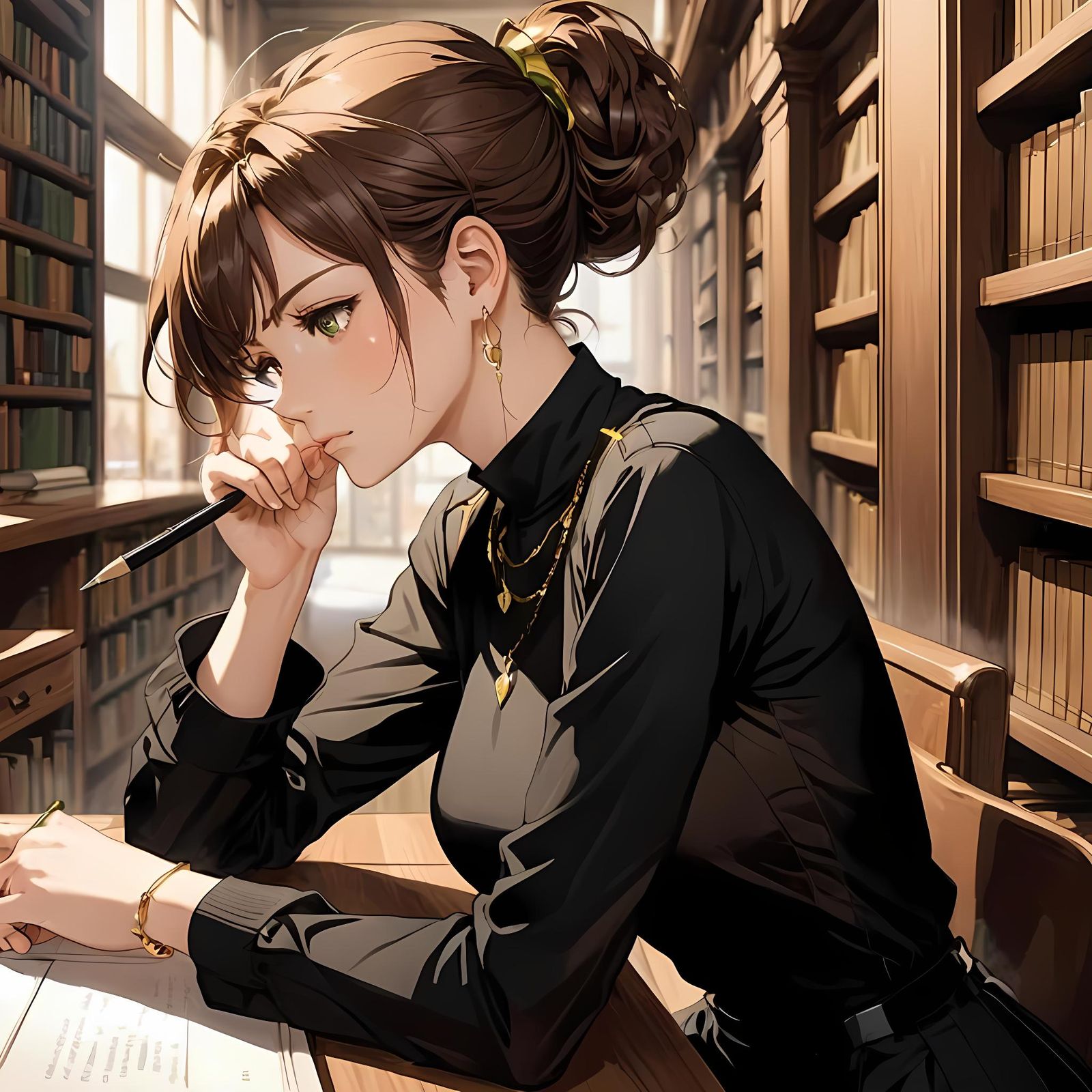 Anime Woman Studying at Library in Sunset Light