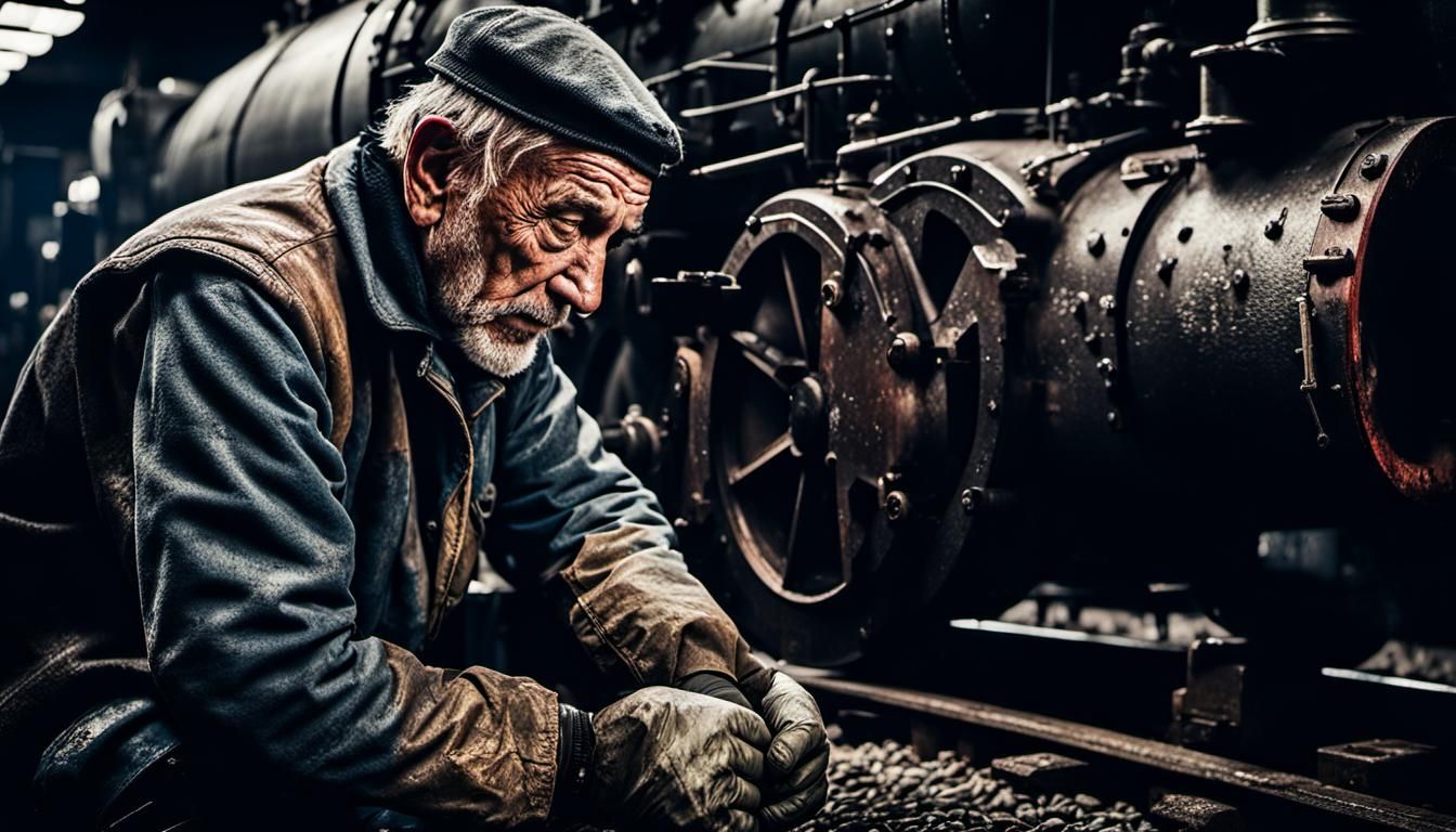 Repairman Working on Steam Locomotive, Gritty Realism