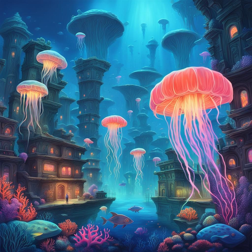 Bioluminescent Underwater Cityscape in Surreal Art Nouveau S...