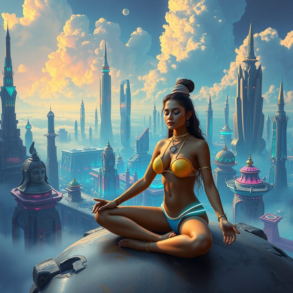 Futuristic India: Woman and Shiva Meditate in Sky City