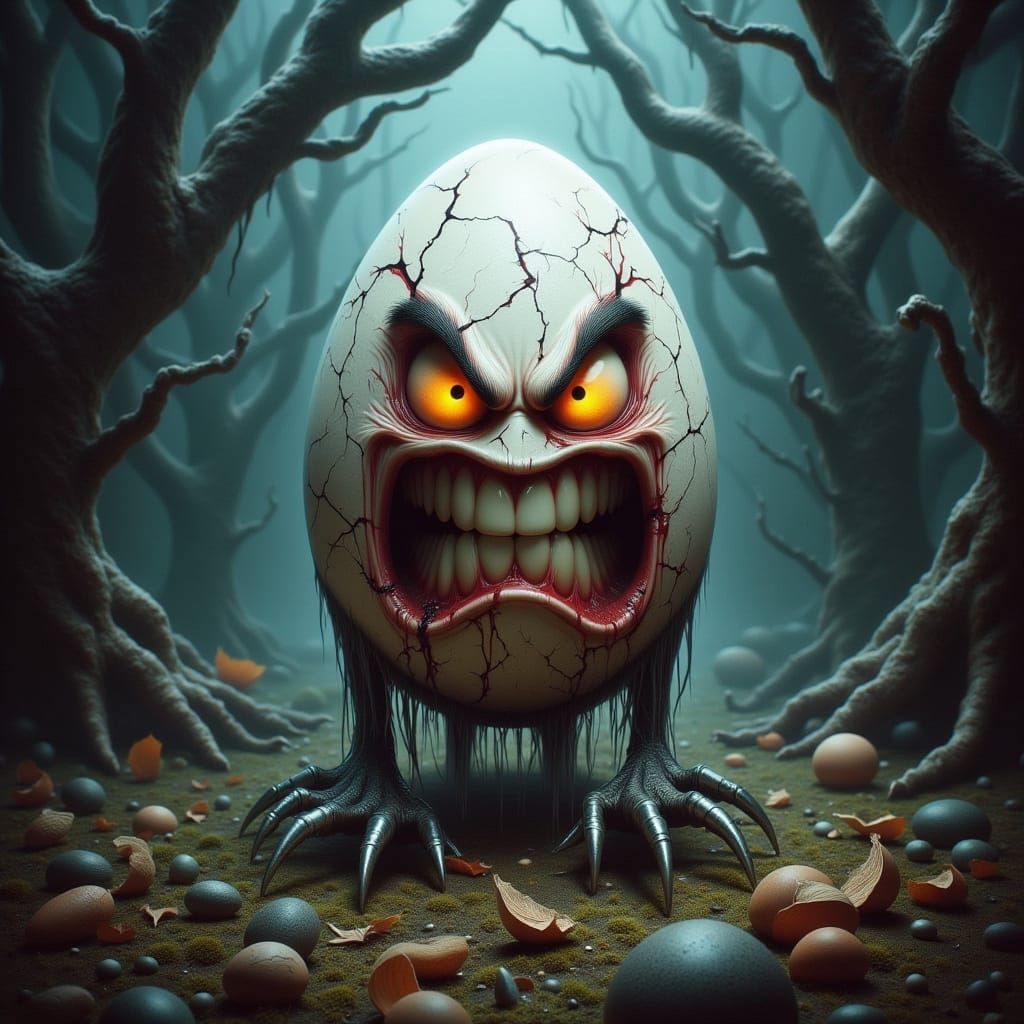 Creepy Clown Egg in Ominous Forest Oil Painting