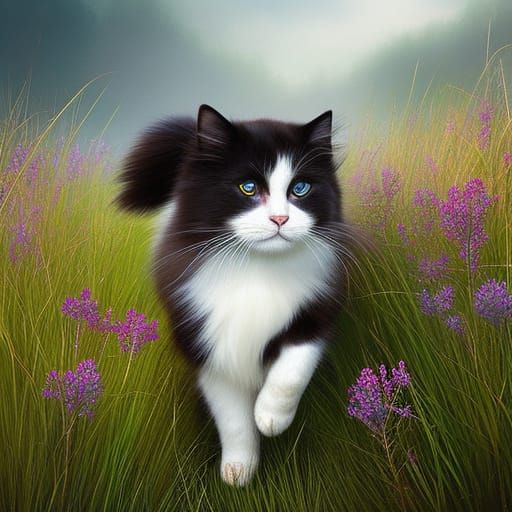Ragdoll Cat Running Through Wildflower Field