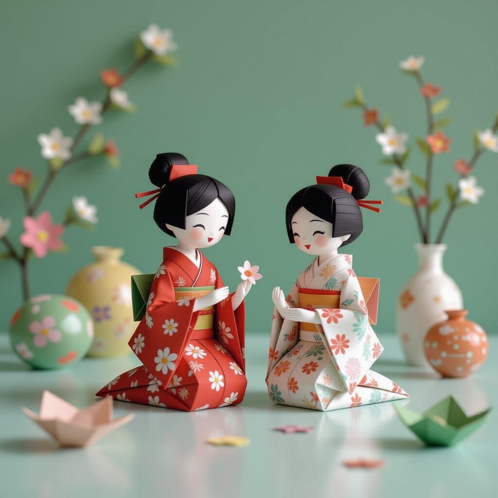 Vibrant Origami Figures in Digital Art Style