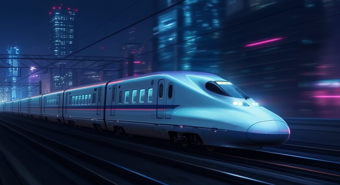 Sleek Bullet Train Speeds Towards City in Neon Drenched Nigh...