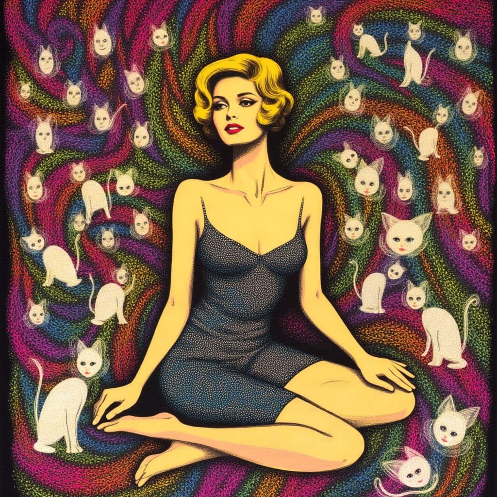 Rockabilly Woman with Floating Cats, Psychedelic Style