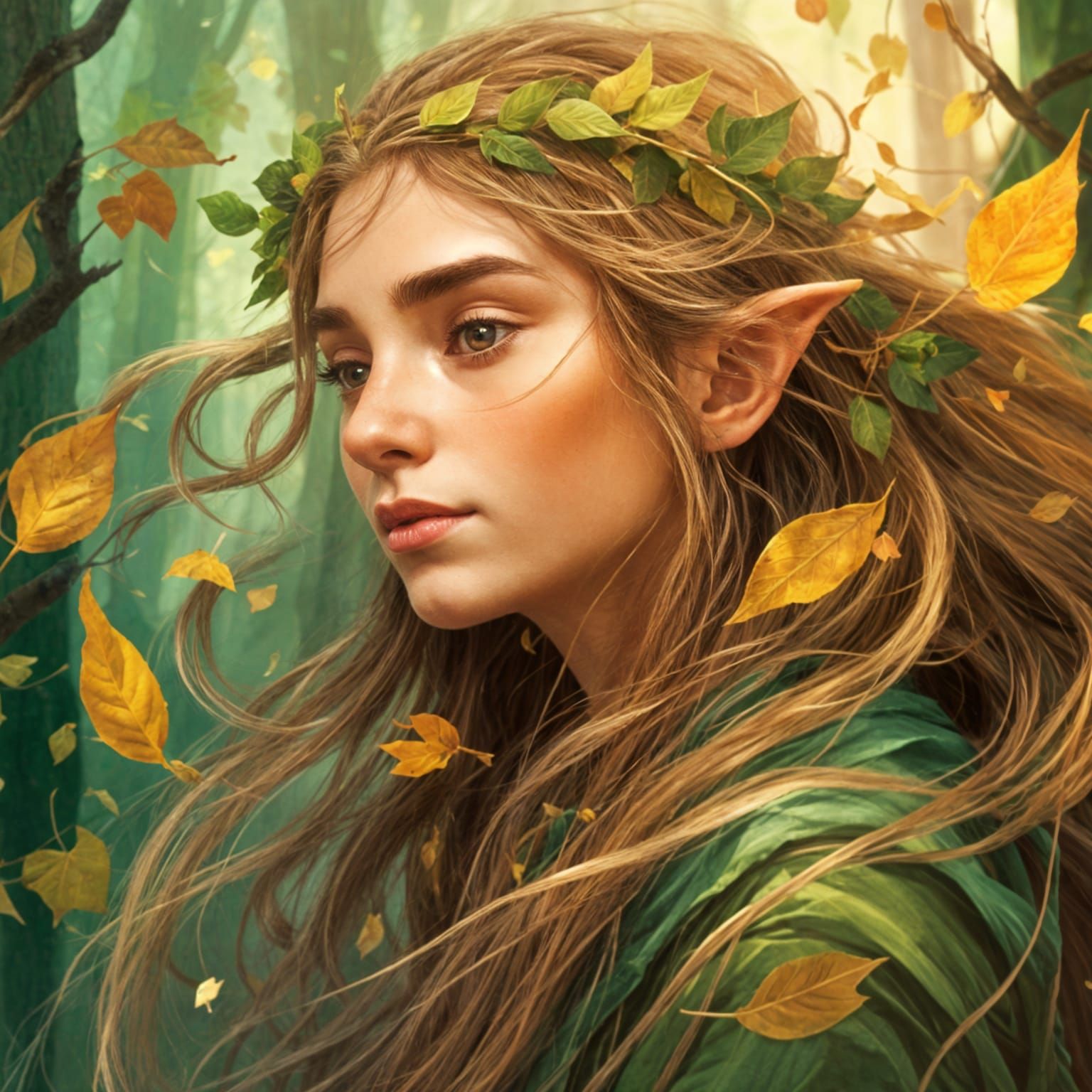 Elf with Braided Leaves Gazing into Forest