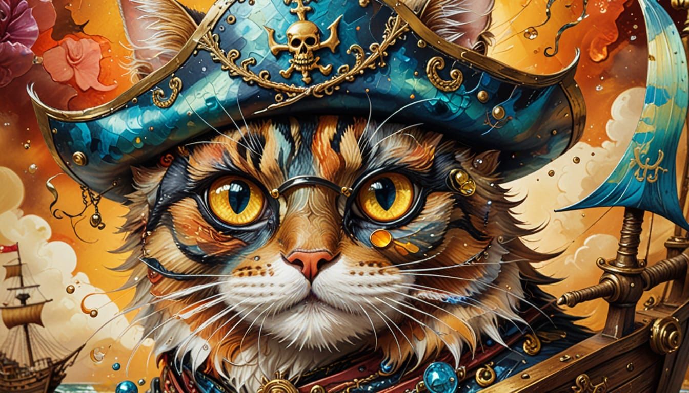 Kaleidoscope Cat Pirate on Treasure Ship: Surrealist Paintin...