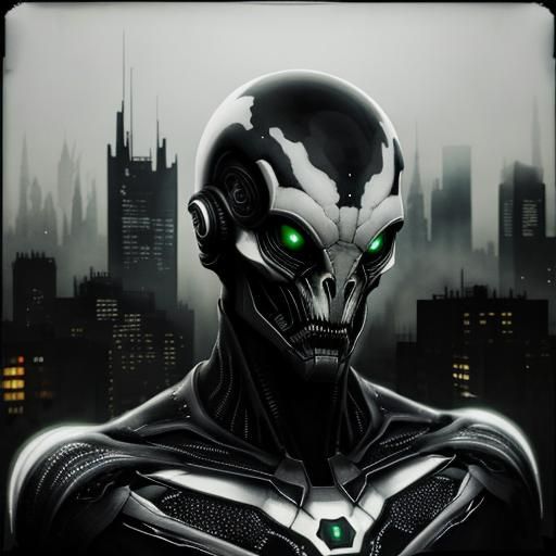 Alien Creature in Dystopian Cityscape: Double Exposure Photo...