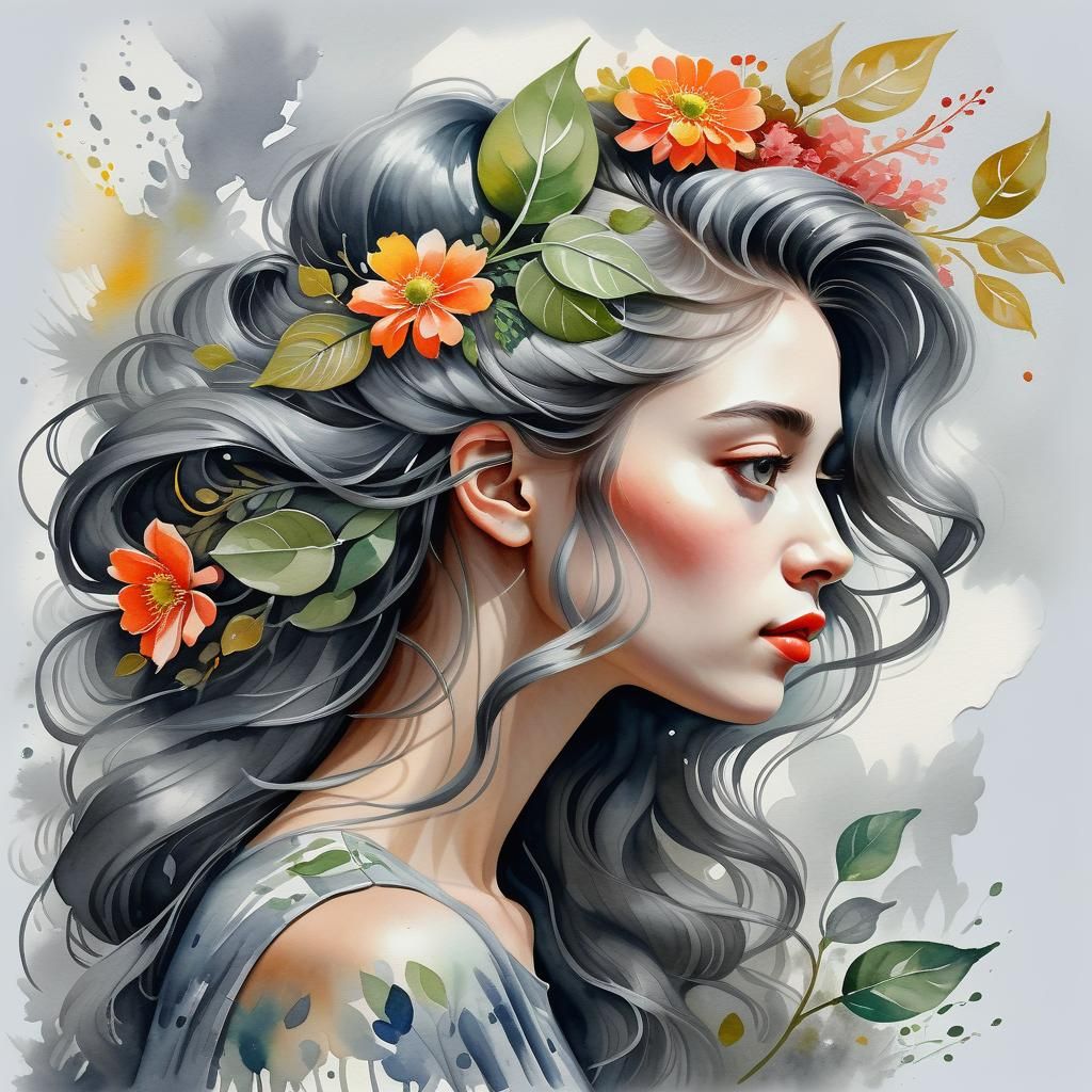 Surreal Floral Haired Woman Portrait in Gouache Style