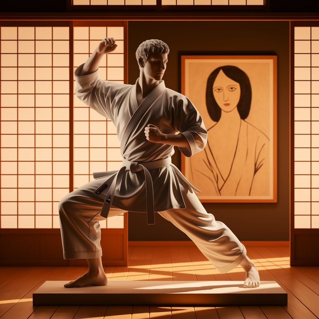 Karate Sculpture and Portrait in Dojo Setting