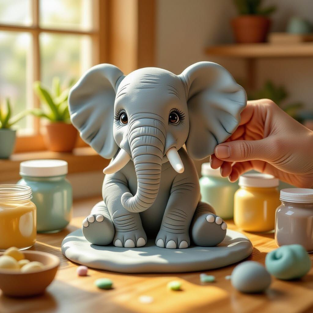Hyperrealistic Miniature Elephant Sculpture in Sunlit Studio