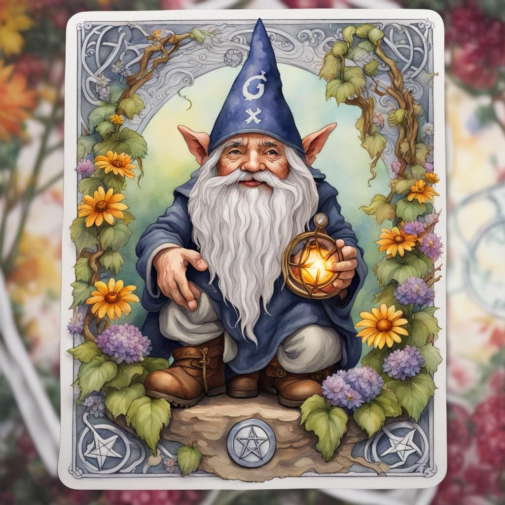 Gnome Ace of Pentacles in Watercolor Style