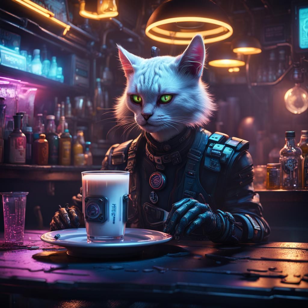 Cyberpunk Cat at Bar: Detailed Digital Art