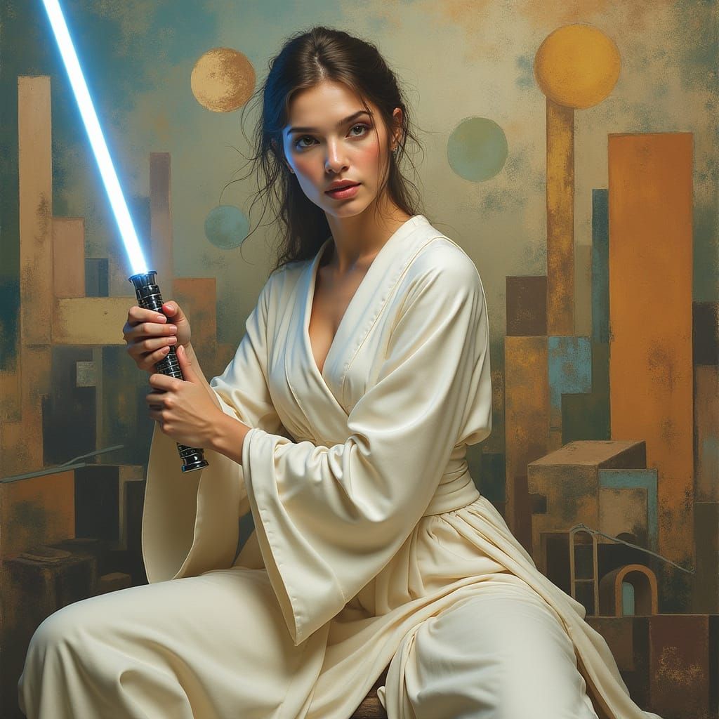 Elegant Woman with Lightsaber in Cubist Surrealism