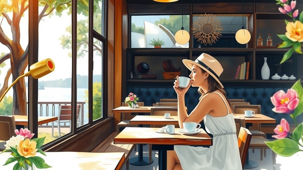 Vibrant Sydney Café Scene in Watercolor Style