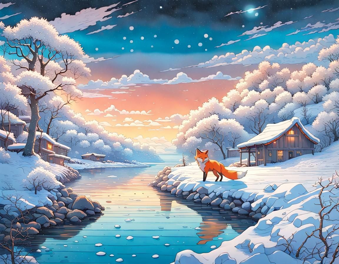 Winter Riverscape with Fox in Vibrant Cel-Shaded Style