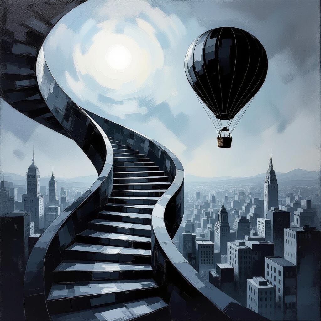 Abstract Expressionist, Surreal Staircase and Balloon