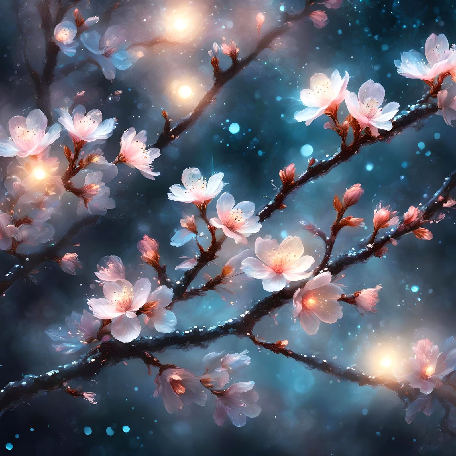 Bioluminescent Glass Cherry Blossoms in Japanese Garden