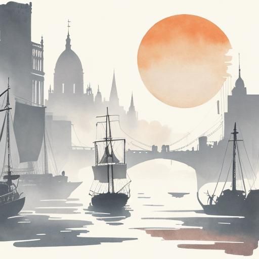 Steampunk Boat on Thames: Ink Painting