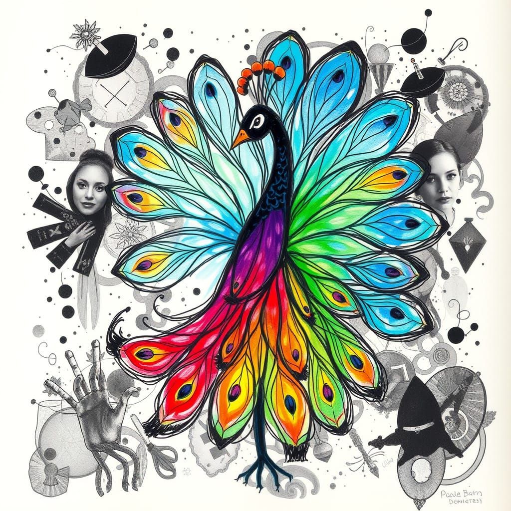 Whimsical Crayon Drawing of Iridescent Peacock in Dreamlike...