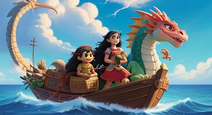 Moana and Dragon Pet at Store in Ghibli Anime Style