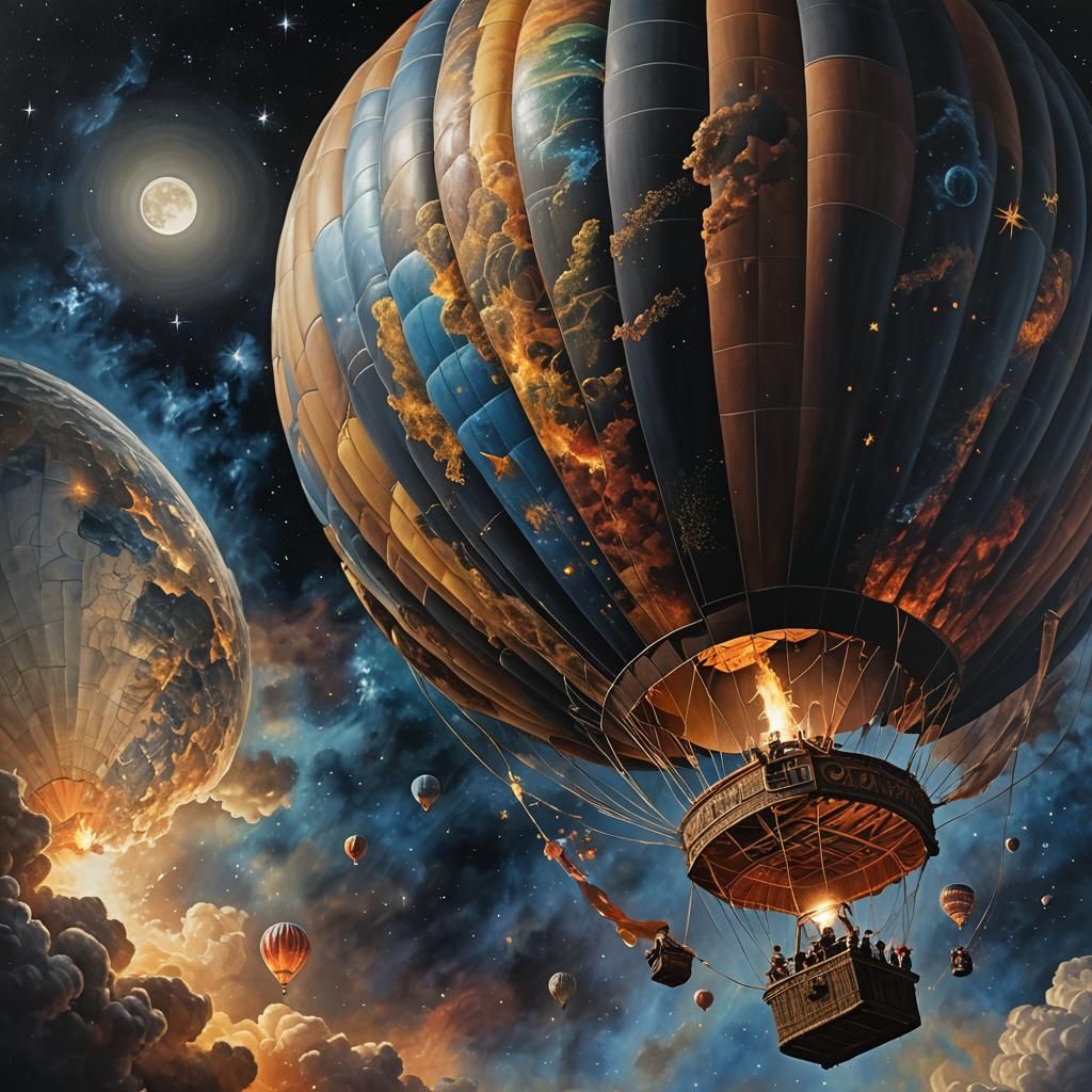 Earth Hot Air Balloon in Galaxy, Hyperrealistic Oil Painting