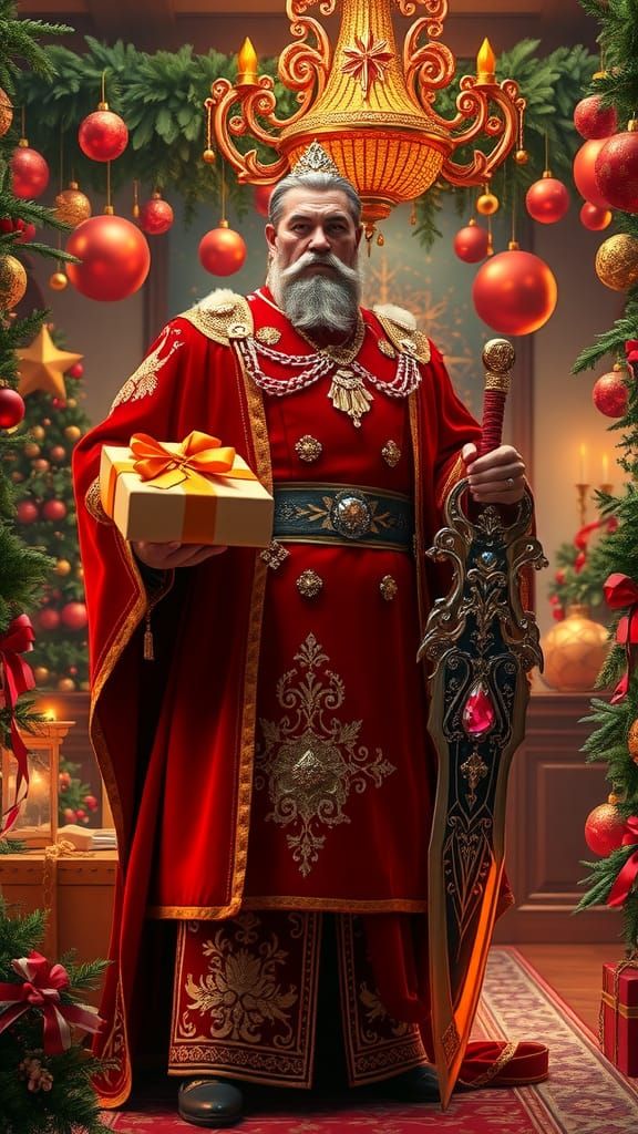 Festive Boss with Sword in Opulent Holiday Office