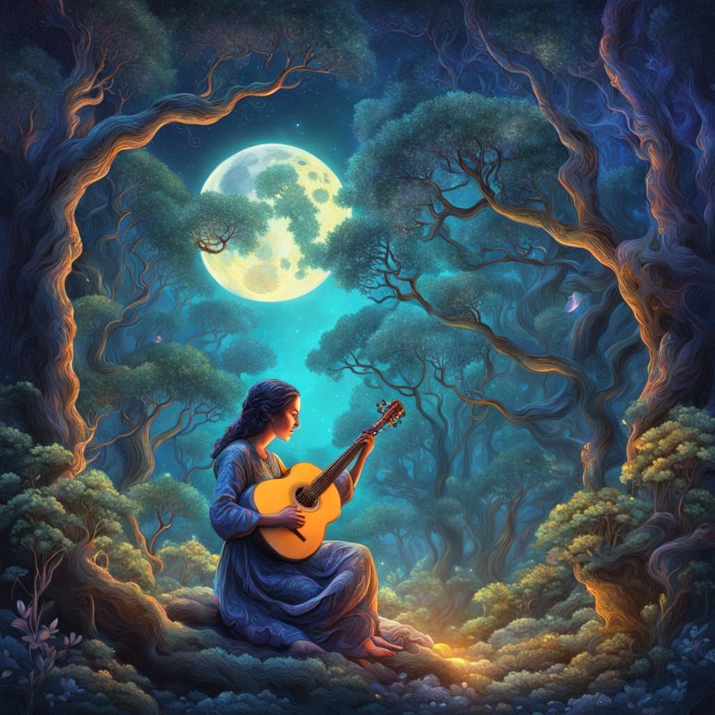 Dreamlike Guitarist in Moonlit Forest