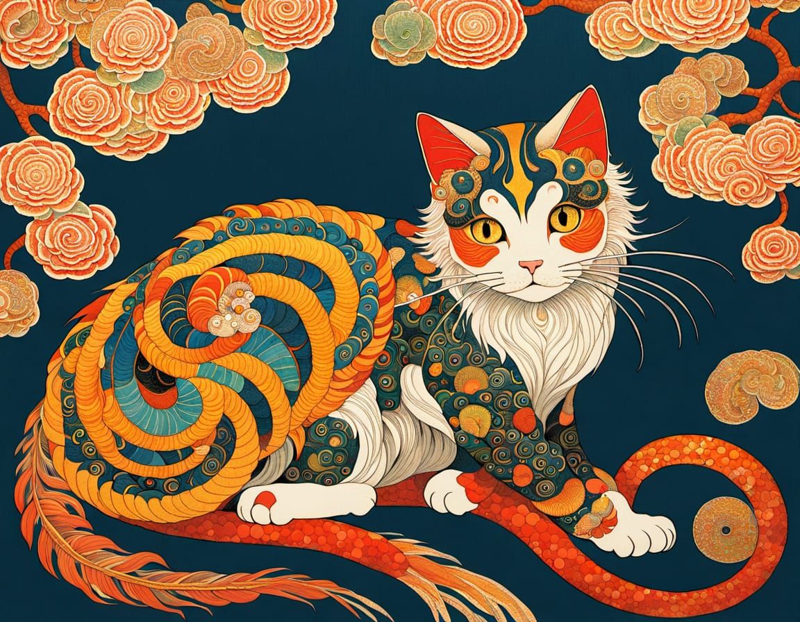 Ornate Feathered Serpent Cat in Bright Ukiyo-e Style