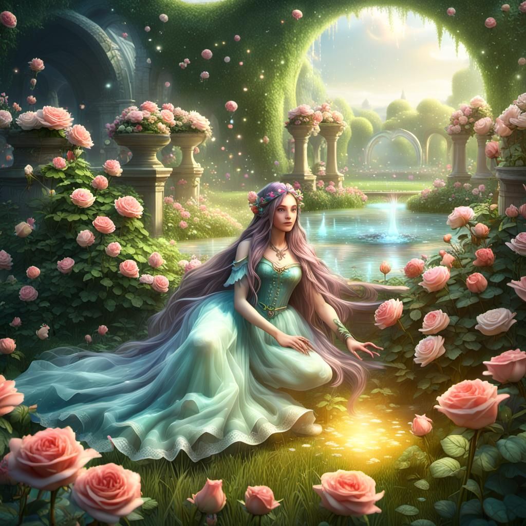 Sleeping Fairy in Rose Garden, 3D Rendered