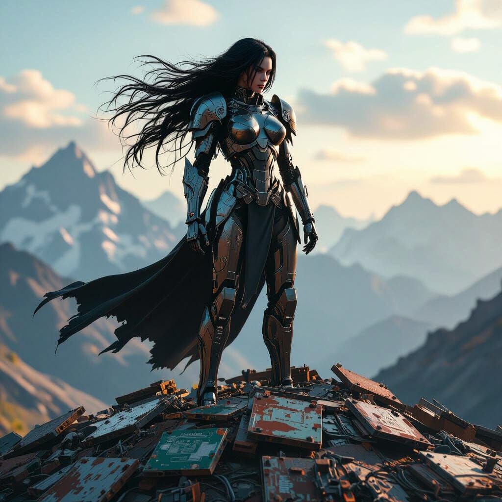 Cyborg Valkyrie with Metallic Armor in Cyberpunk Style