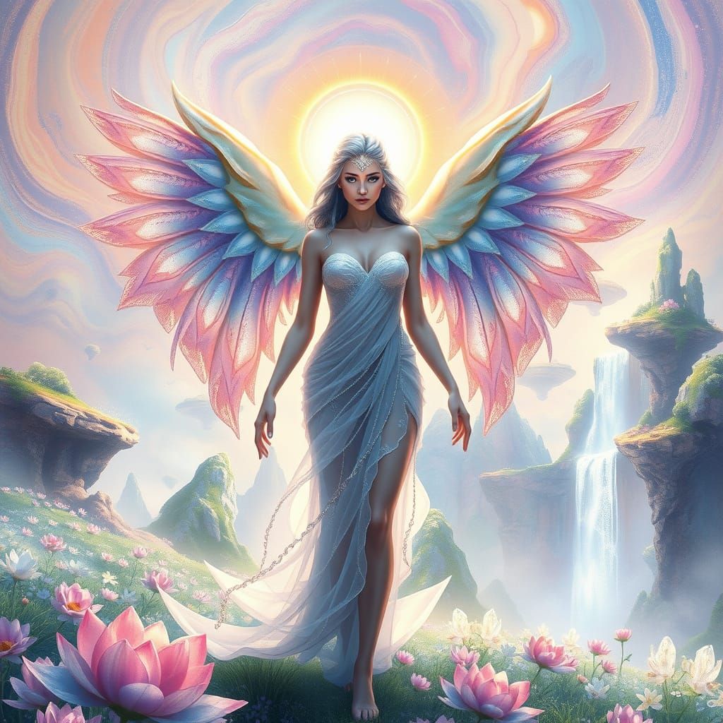 Ethereal Goddess Unfolds Iridescent Wings Amidst Dreamy Wate...
