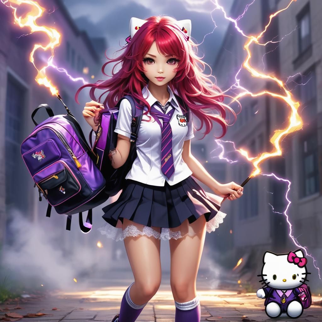 Schoolgirl Wizard with Magical Lightning, Digital Art