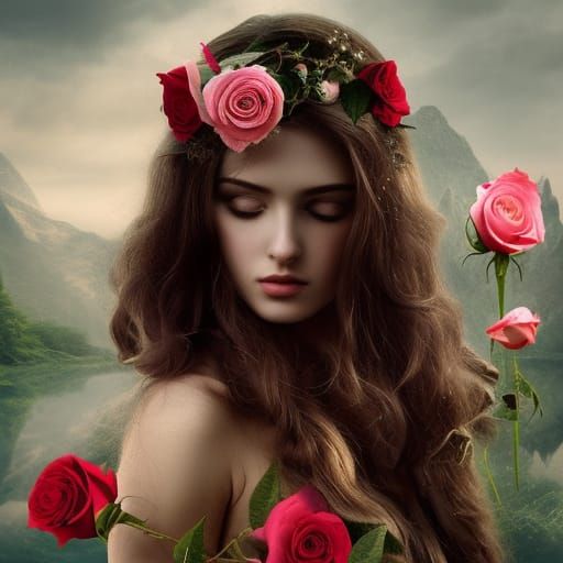 Rose Adorned Girl in Romantic Digital Painting