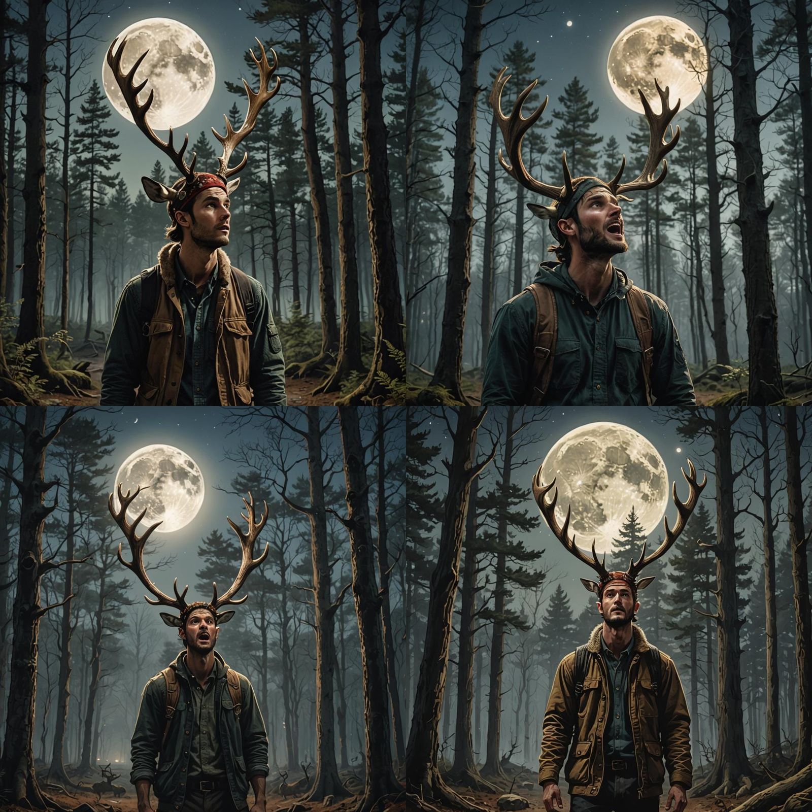 A image of young man with large antlers on his head standing in a forest howling at the moon