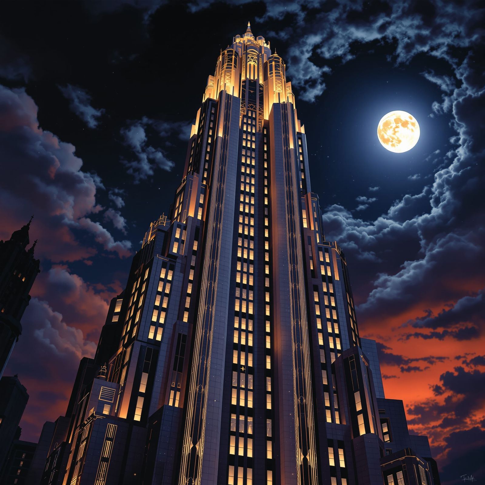 Art Deco Skyscraper at Twilight in Digital Painting Style