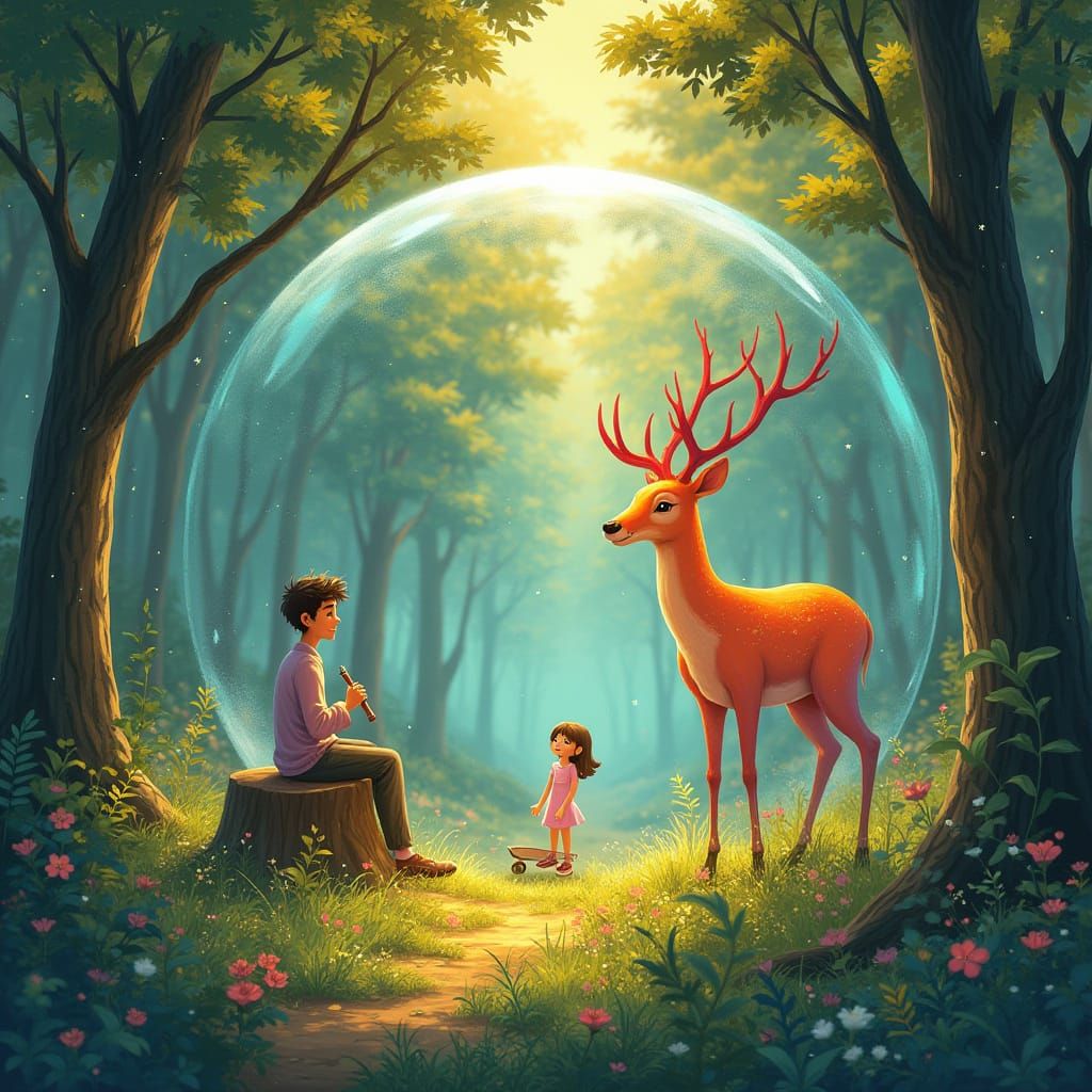 Whimsical Forest Scene with Sunset Deer, Musician, and Skate...