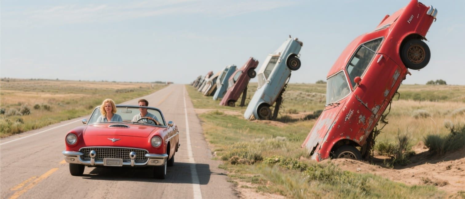 Vintage Thunderbird Driving Past Car Graveyard